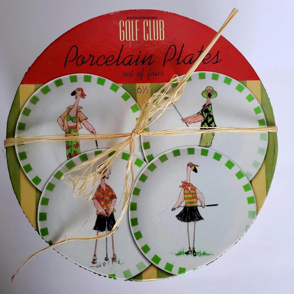 VTG 2004 Boston Warehouse Golf Club Plates x4 Anne Ormsby Golfing Flamingos NIB